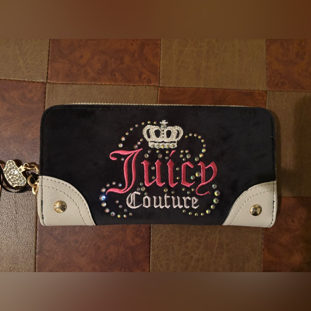 Juicy Couture Long Wallet in Licorice Pink Crown on Black Velour